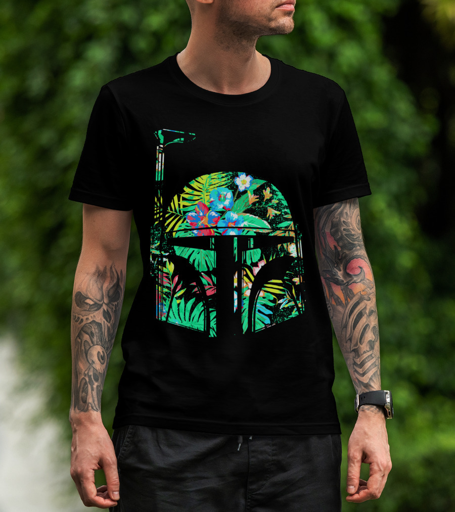 Star Wars Boba Fett Helmet Tropical Floral Hawaiian Print T-Shirt