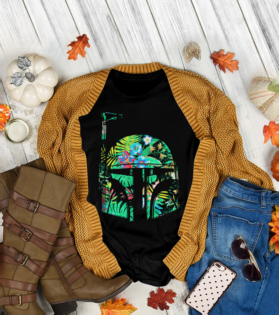 Star Wars Boba Fett Helmet Tropical Floral Hawaiian Print T-Shirt