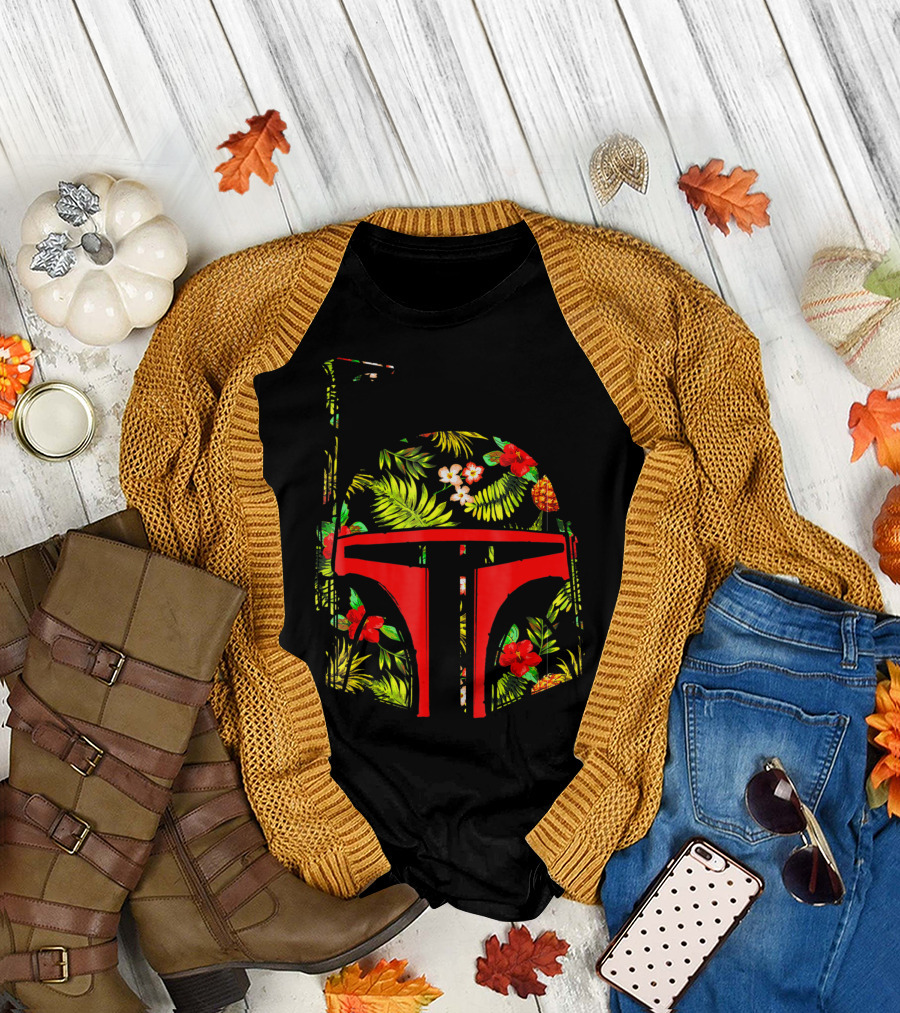 Star Wars Boba Fett Helmet Tropical Floral Print T-Shirt