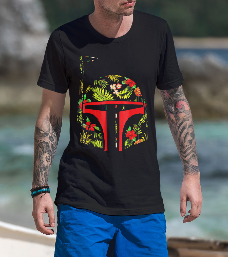 Star Wars Boba Fett Helmet Tropical Floral Print T-Shirt