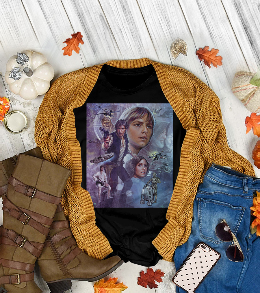 Star Wars Celebration Mural A New Hope Luke Skywalker Han Solo Princess Leia Chewbacca R2-D2 C-3PO Obi-Wan Kenobi X-Wing Millennium Falcon T-Shirt
