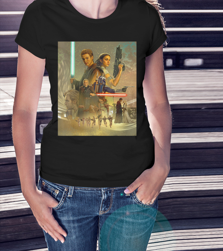 Star Wars Celebration Mural Attack Of The Clones Anakin Padmé Jango Jedi Battle Clones T-Shirt