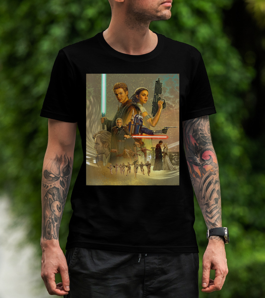 Star Wars Celebration Mural Attack Of The Clones Anakin Padmé Jango Jedi Battle Clones T-Shirt