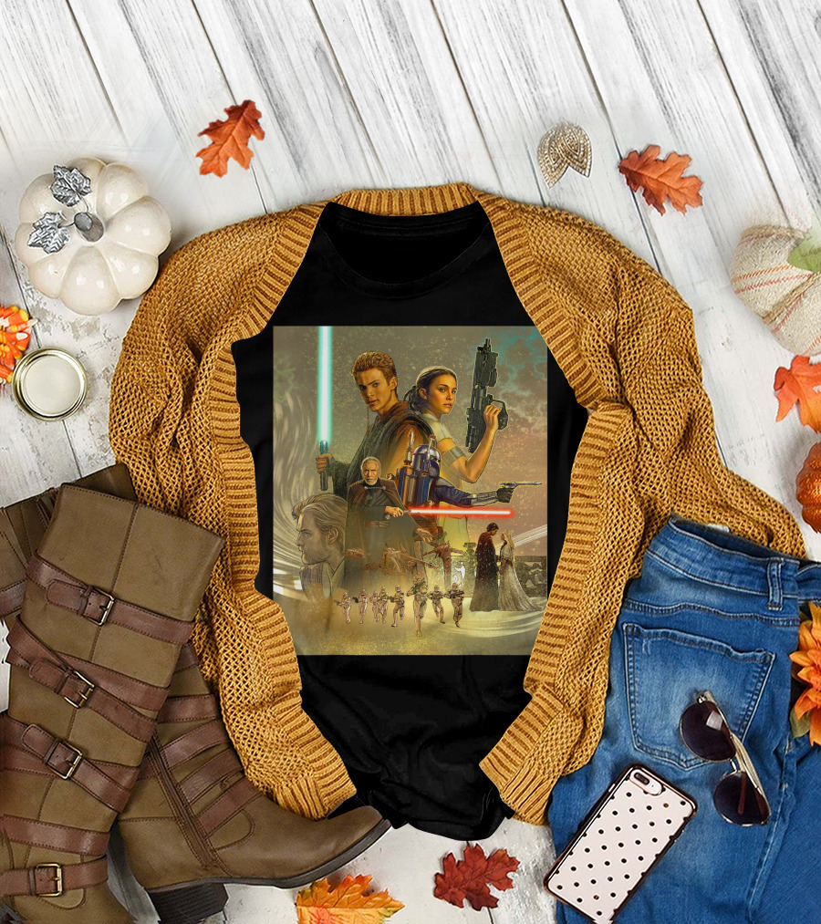 Star Wars Celebration Mural Attack Of The Clones Anakin Padmé Jango Jedi Battle Clones T-Shirt