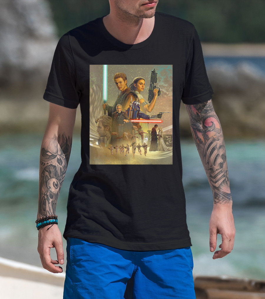 Star Wars Celebration Mural Attack Of The Clones Anakin Padmé Jango Jedi Battle Clones T-Shirt