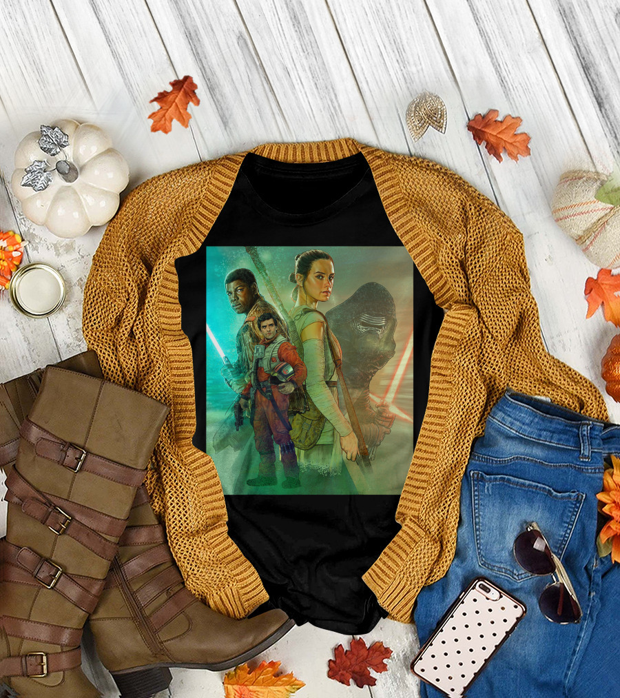Star Wars The Force Awakens Celebration Mural With Characters And Lightsabers T-Shirt