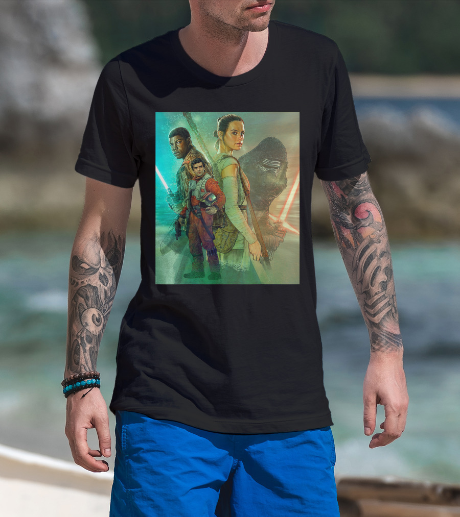 Star Wars The Force Awakens Celebration Mural With Characters And Lightsabers T-Shirt