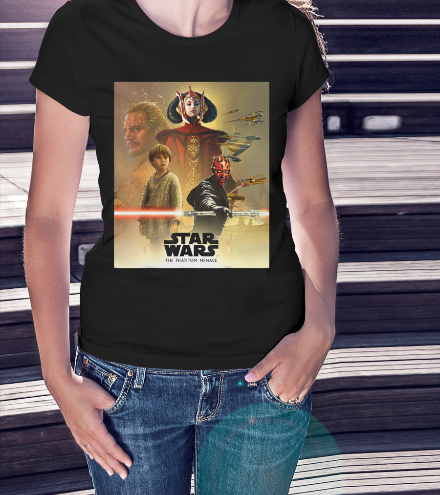 Star Wars The Phantom Menace Celebration Mural Featuring Key Characters And Iconic Elements T-Shirt
