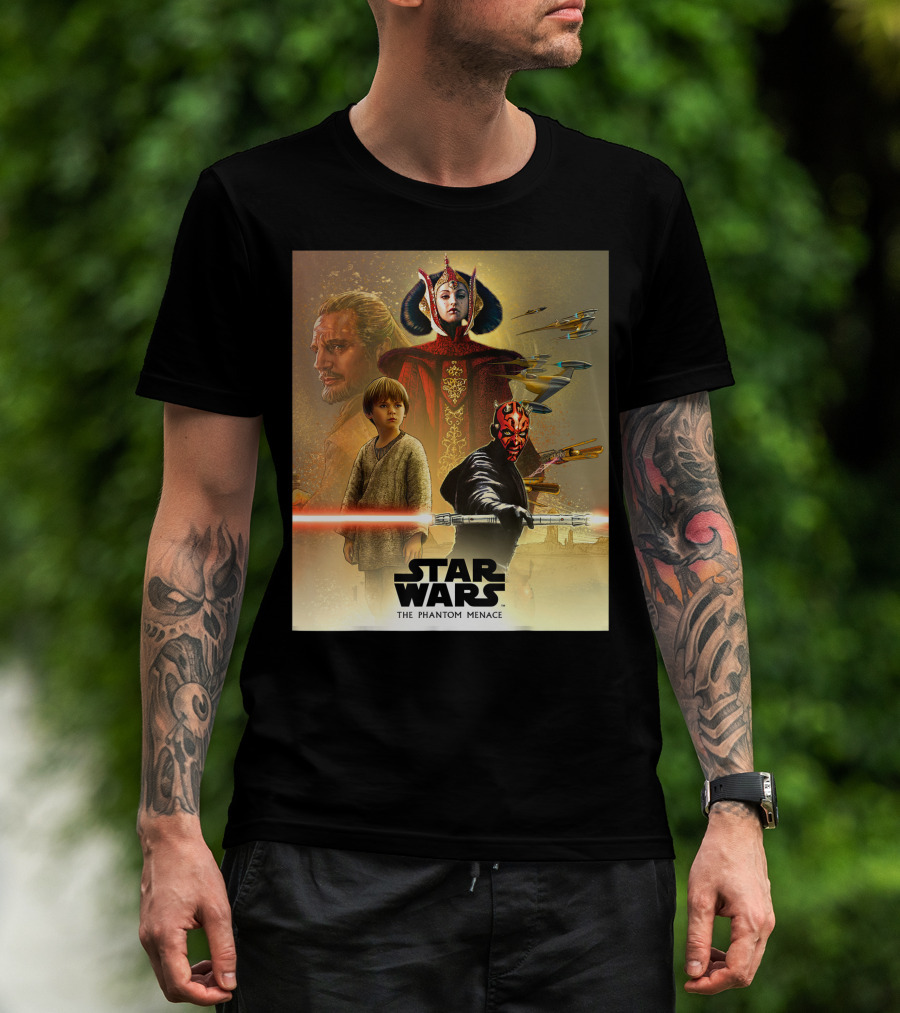 Star Wars The Phantom Menace Celebration Mural Featuring Key Characters And Iconic Elements T-Shirt