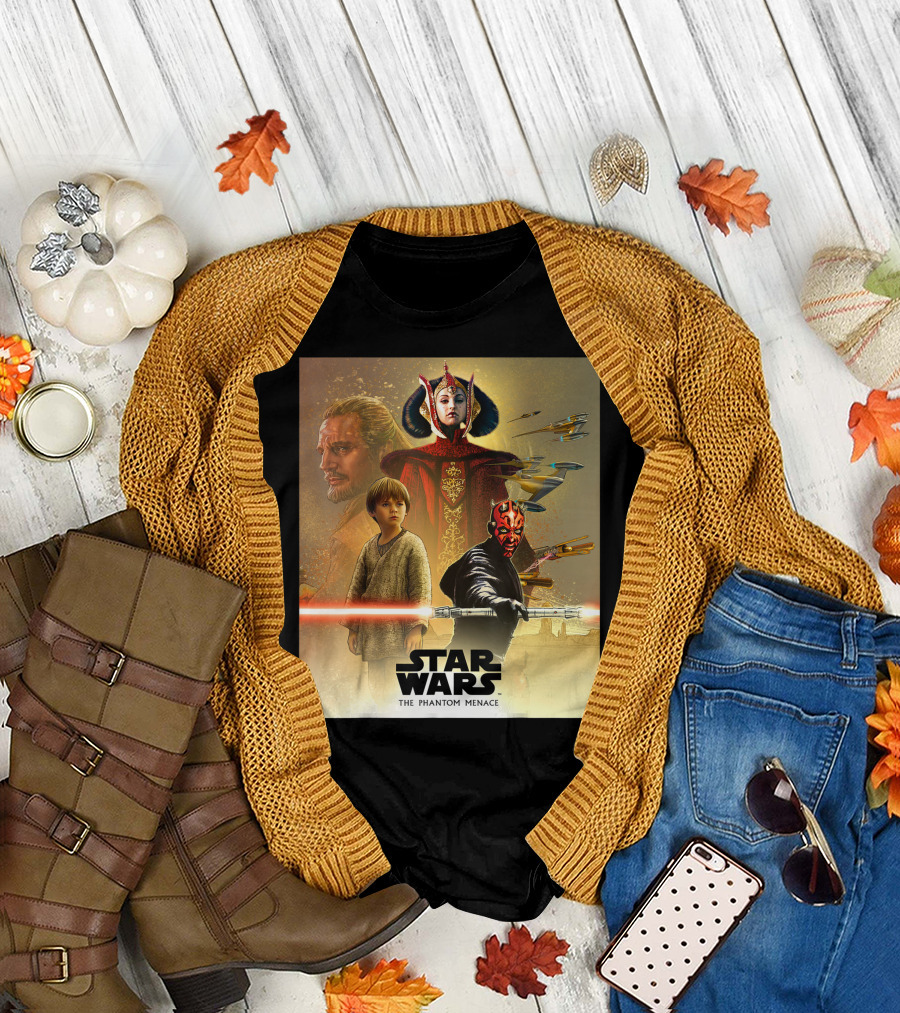 Star Wars The Phantom Menace Celebration Mural Featuring Key Characters And Iconic Elements T-Shirt