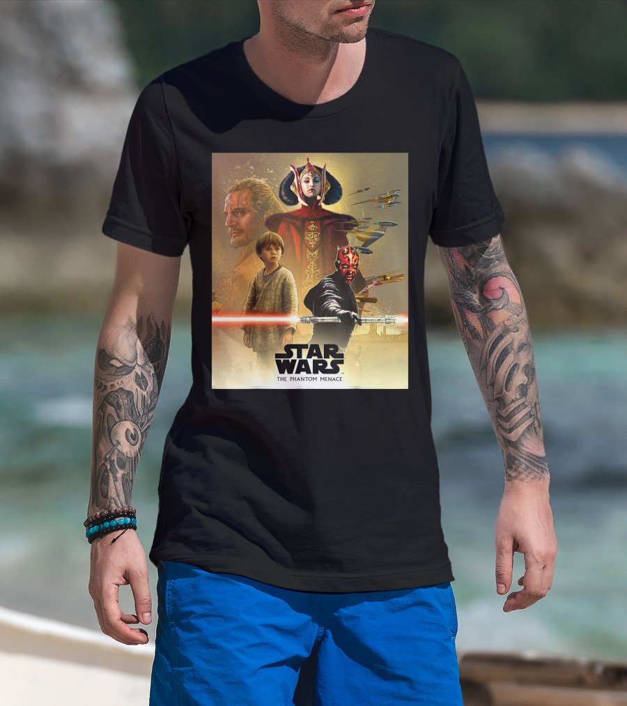 Star Wars The Phantom Menace Celebration Mural Featuring Key Characters And Iconic Elements T-Shirt