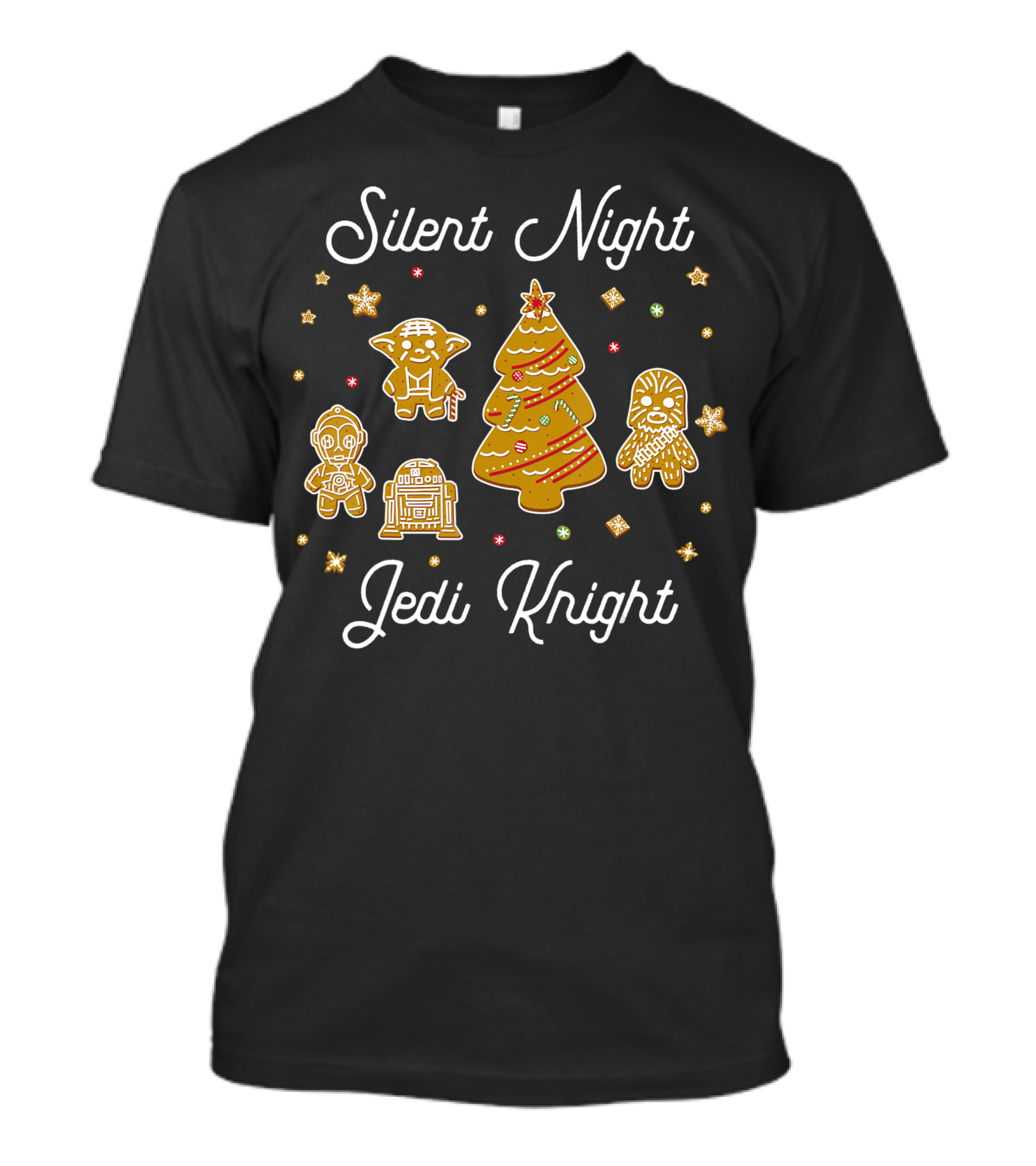 Silent Night Jedi Knight Star Wars Christmas Gingerbread Yoda Chewbacca C-3PO R2-D2 Tree T-Shirt