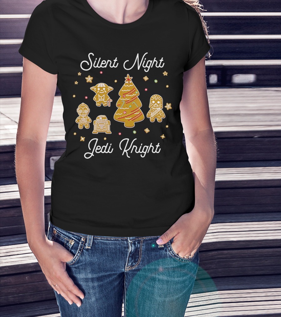 Silent Night Jedi Knight Star Wars Christmas Gingerbread Yoda Chewbacca C-3PO R2-D2 Tree T-Shirt