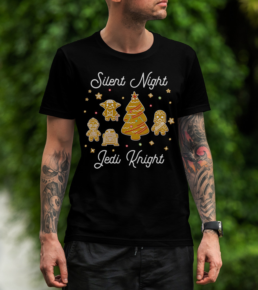 Silent Night Jedi Knight Star Wars Christmas Gingerbread Yoda Chewbacca C-3PO R2-D2 Tree T-Shirt