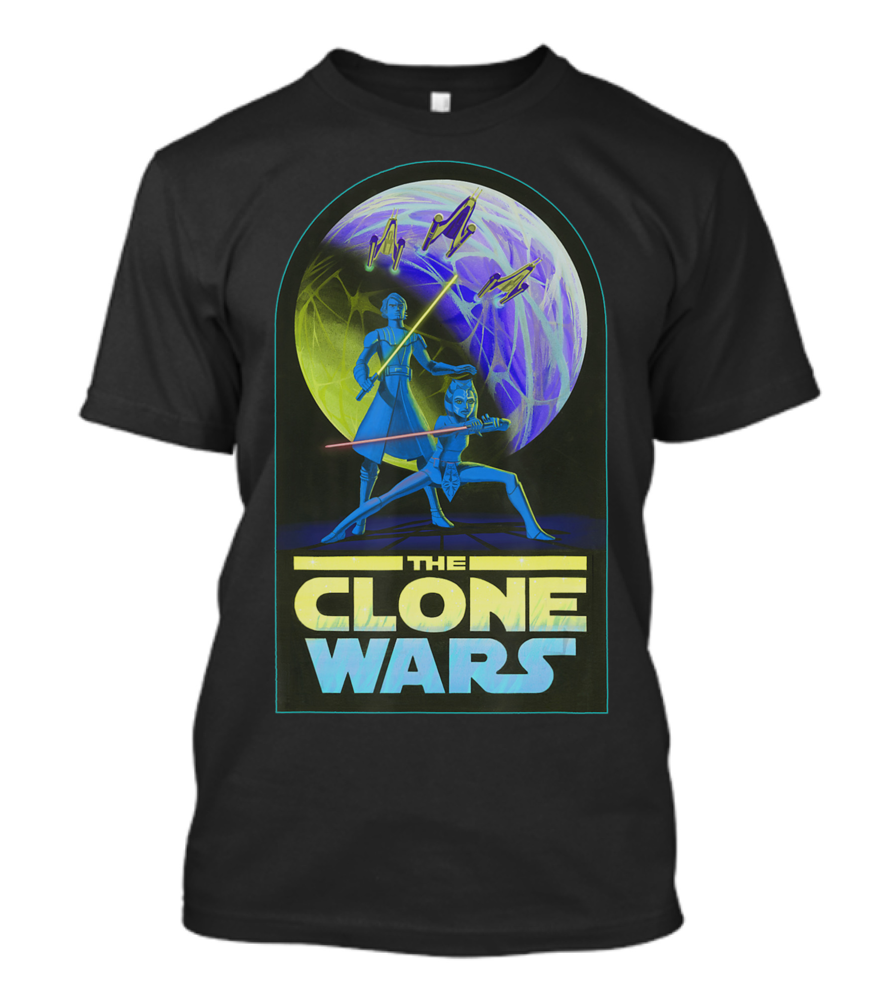 Star Wars The Clone Wars Anakin Ahsoka Jedi Lightsaber Duel With Spaceships And Planet Background T-Shirt