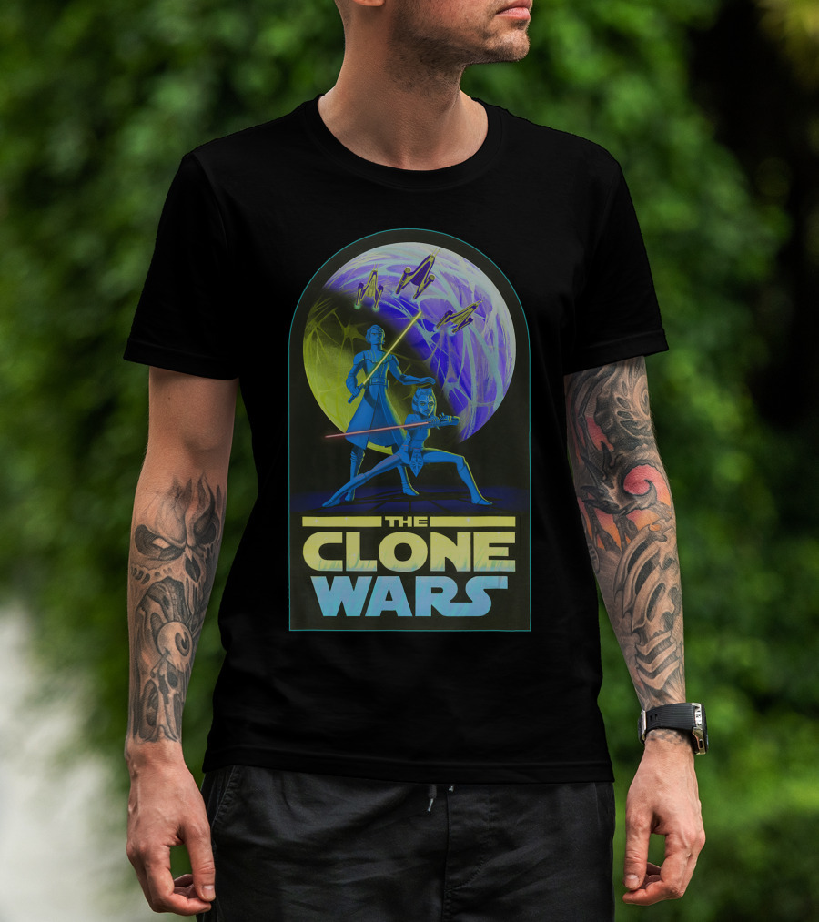 Star Wars The Clone Wars Anakin Ahsoka Jedi Lightsaber Duel With Spaceships And Planet Background T-Shirt