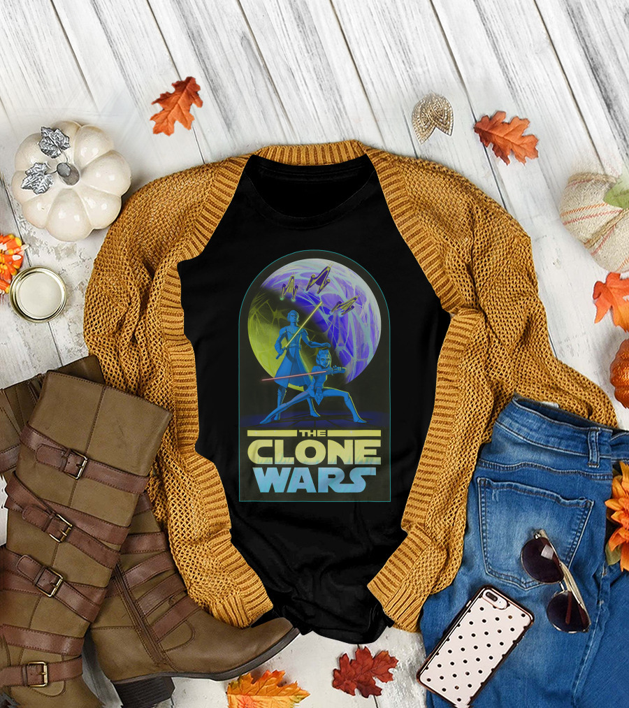 Star Wars The Clone Wars Anakin Ahsoka Jedi Lightsaber Duel With Spaceships And Planet Background T-Shirt