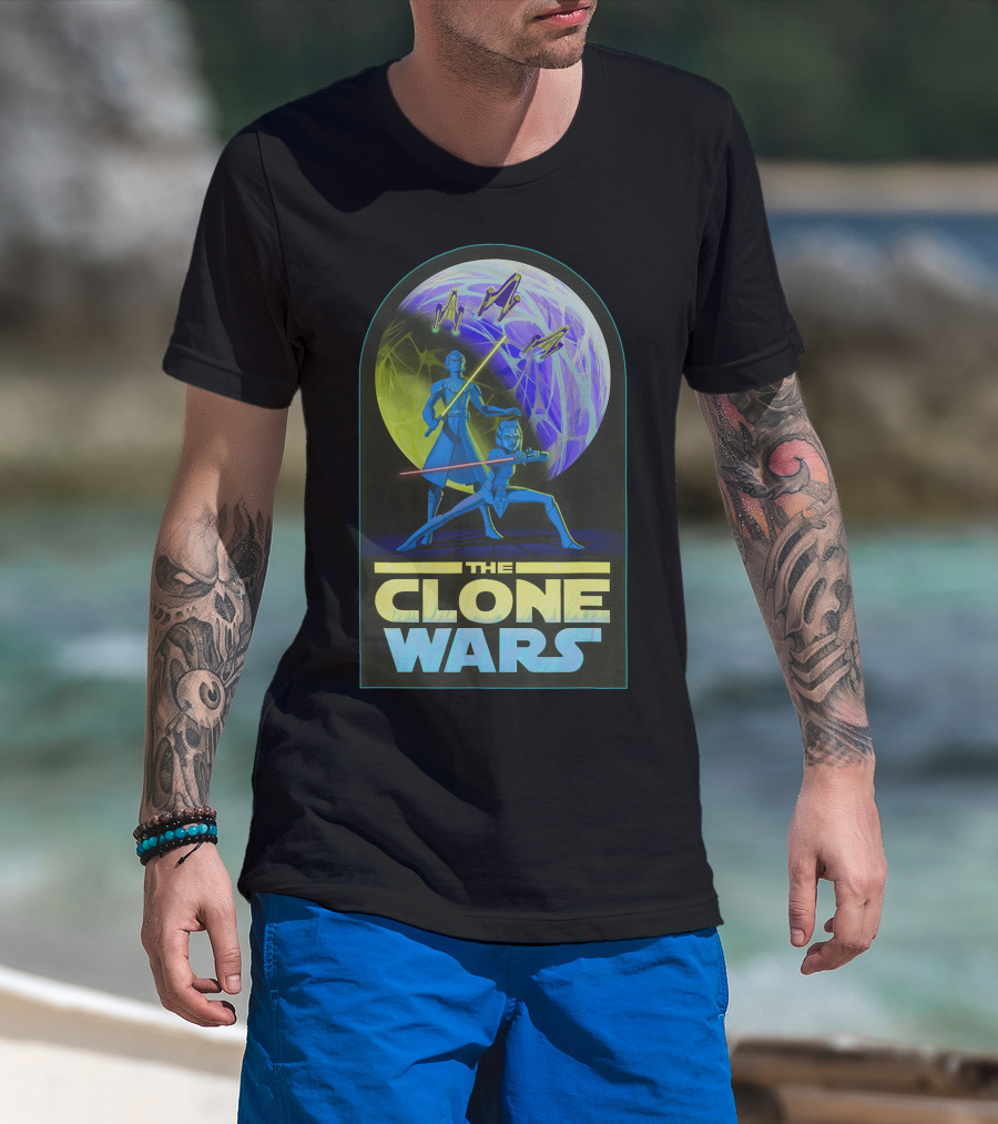 Star Wars The Clone Wars Anakin Ahsoka Jedi Lightsaber Duel With Spaceships And Planet Background T-Shirt