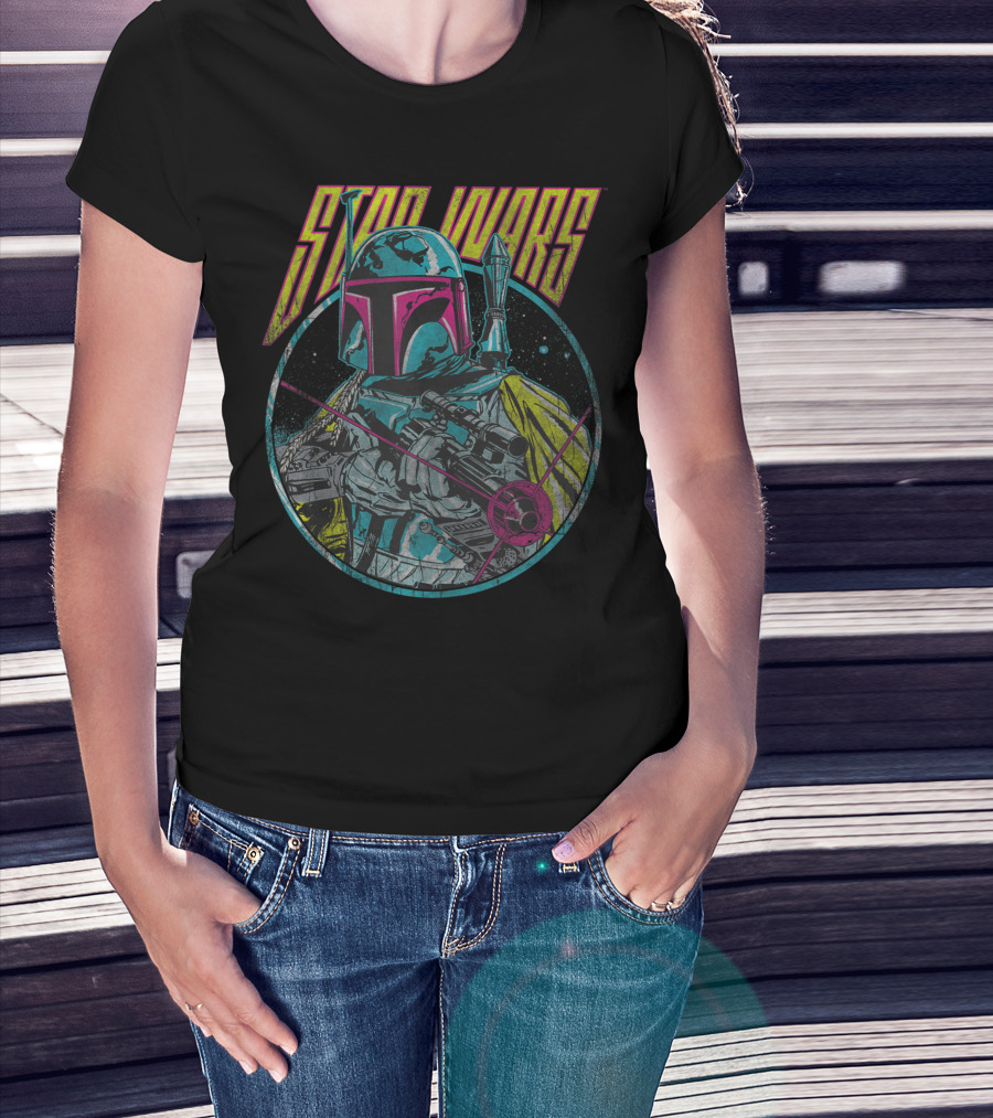 Star Wars Boba Fett Faded Circle Portrait Retro Style Vibrant Colors T-Shirt