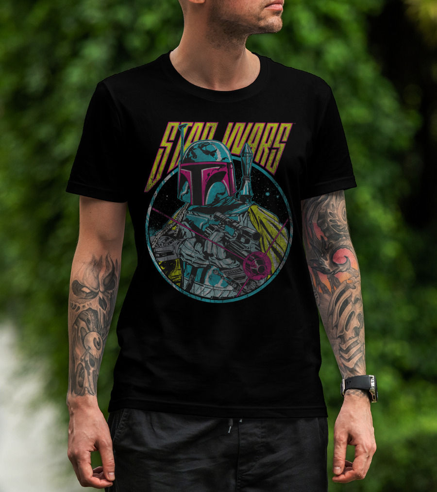 Star Wars Boba Fett Faded Circle Portrait Retro Style Vibrant Colors T-Shirt