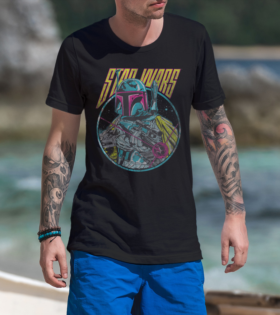 Star Wars Boba Fett Faded Circle Portrait Retro Style Vibrant Colors T-Shirt
