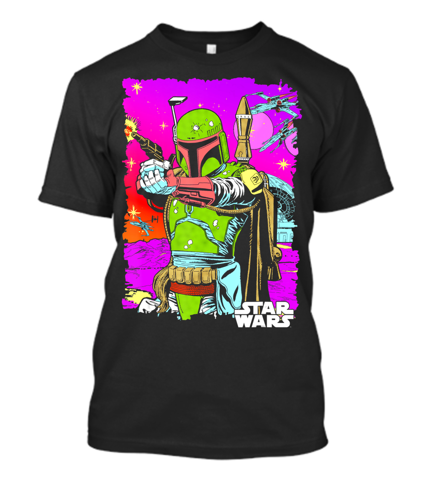 Star Wars Boba Fett Neon Comic Cutout Spaceships And Planets T-Shirt