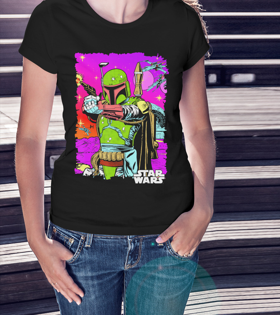 Star Wars Boba Fett Neon Comic Cutout Spaceships And Planets T-Shirt