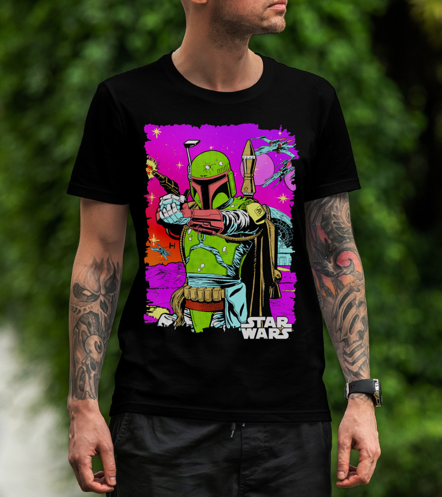 Star Wars Boba Fett Neon Comic Cutout Spaceships And Planets T-Shirt