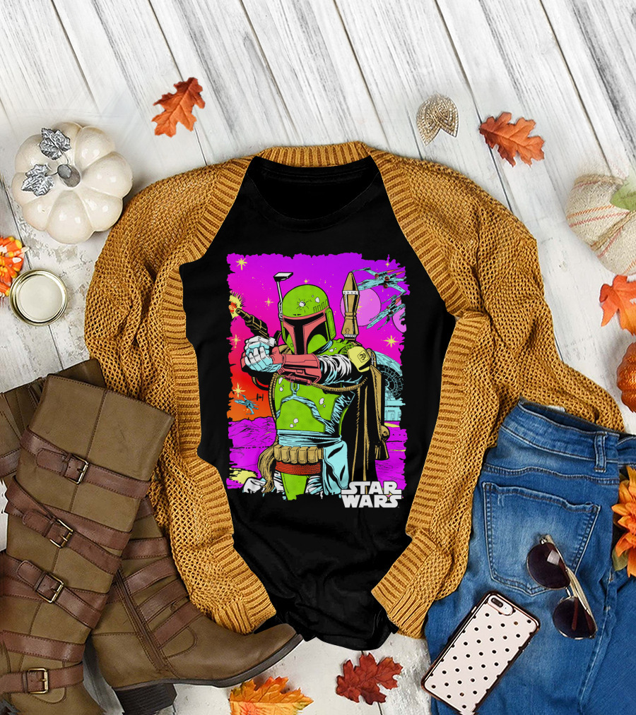 Star Wars Boba Fett Neon Comic Cutout Spaceships And Planets T-Shirt