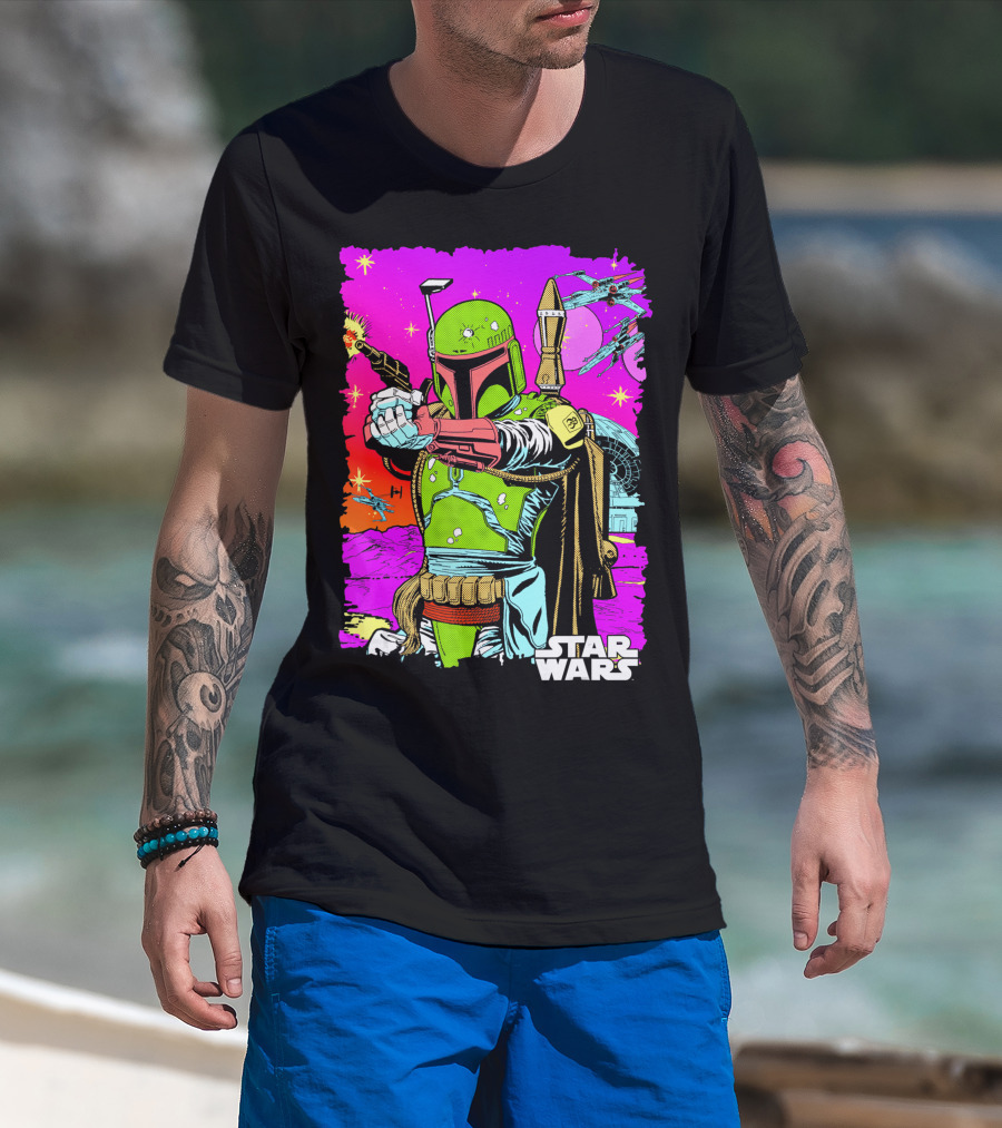 Star Wars Boba Fett Neon Comic Cutout Spaceships And Planets T-Shirt