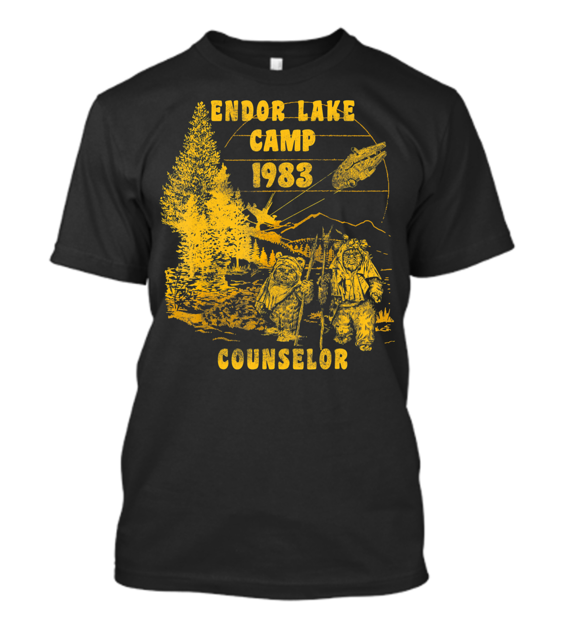Endor Lake Camp 1983 Counselor Star Wars Ewoks Millennium Falcon Trees Rebel Alliance T-Shirt