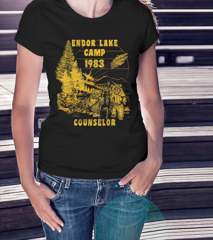 Endor Lake Camp 1983 Counselor Star Wars Ewoks Millennium Falcon Trees Rebel Alliance T-Shirt