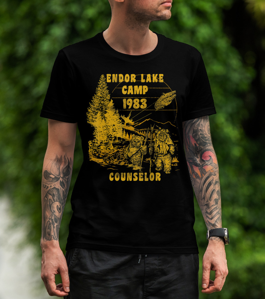 Endor Lake Camp 1983 Counselor Star Wars Ewoks Millennium Falcon Trees Rebel Alliance T-Shirt