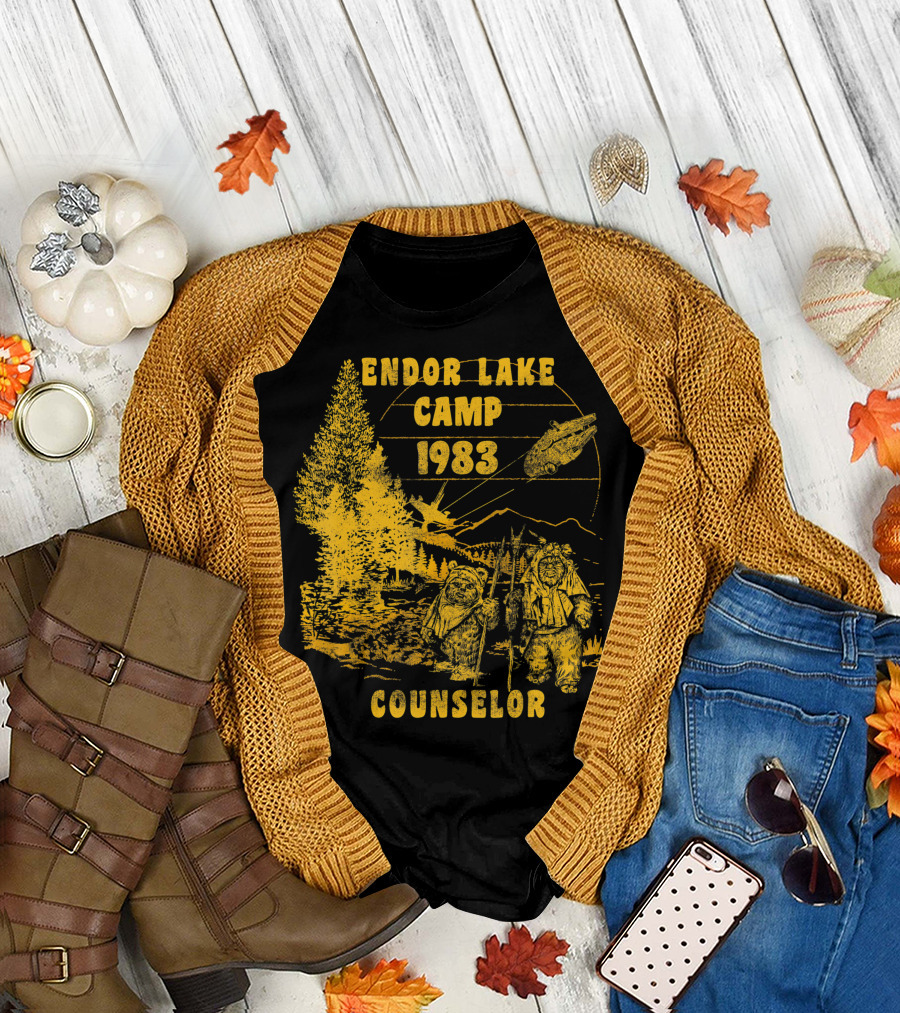 Endor Lake Camp 1983 Counselor Star Wars Ewoks Millennium Falcon Trees Rebel Alliance T-Shirt