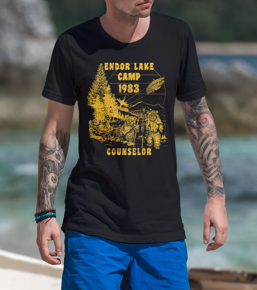 Endor Lake Camp 1983 Counselor Star Wars Ewoks Millennium Falcon Trees Rebel Alliance T-Shirt
