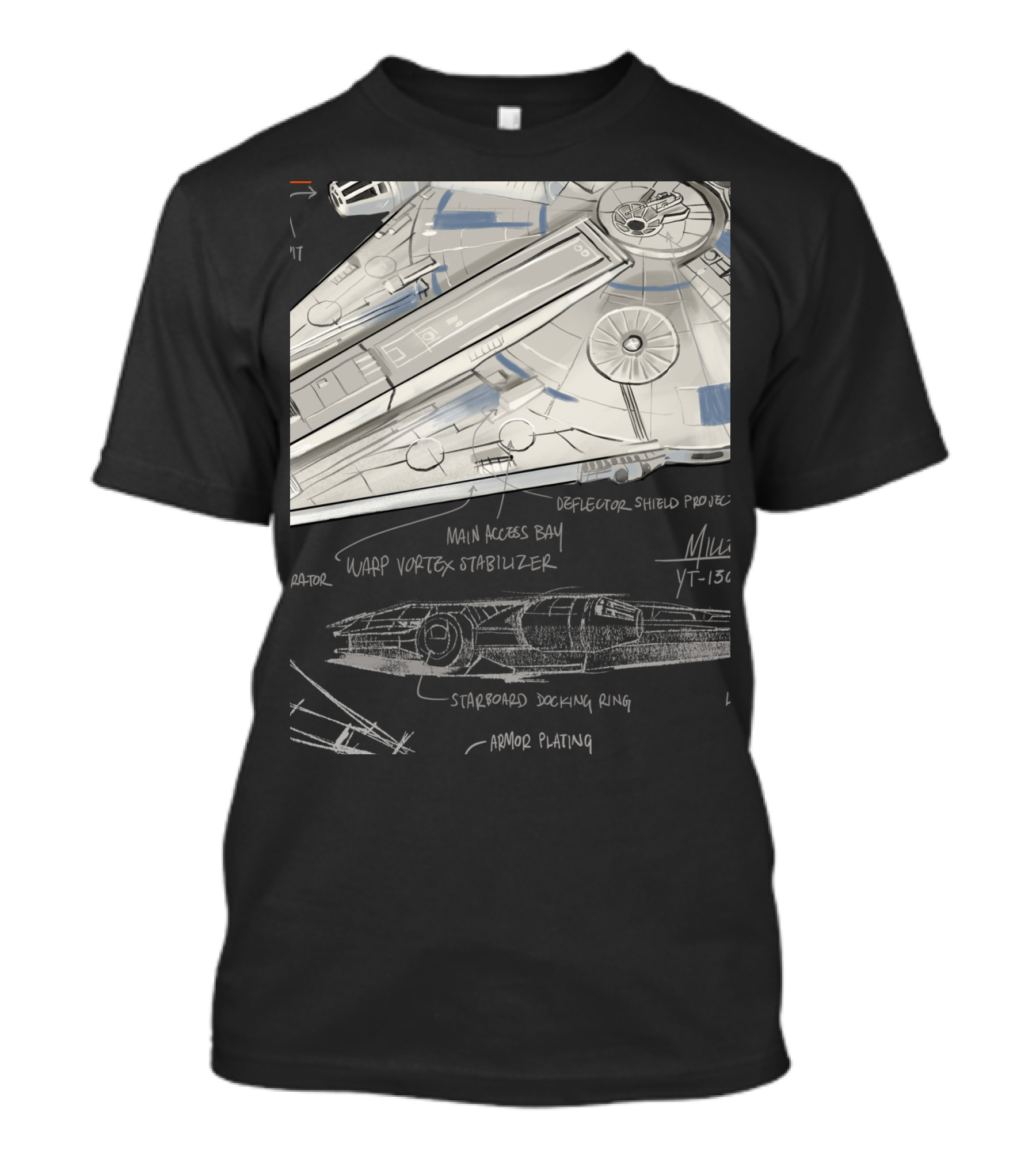 Star Wars Millennium Falcon YT-1300 Schematics Han Solo Main Access Bay Warp Vortex Stabilizer T-Shirt