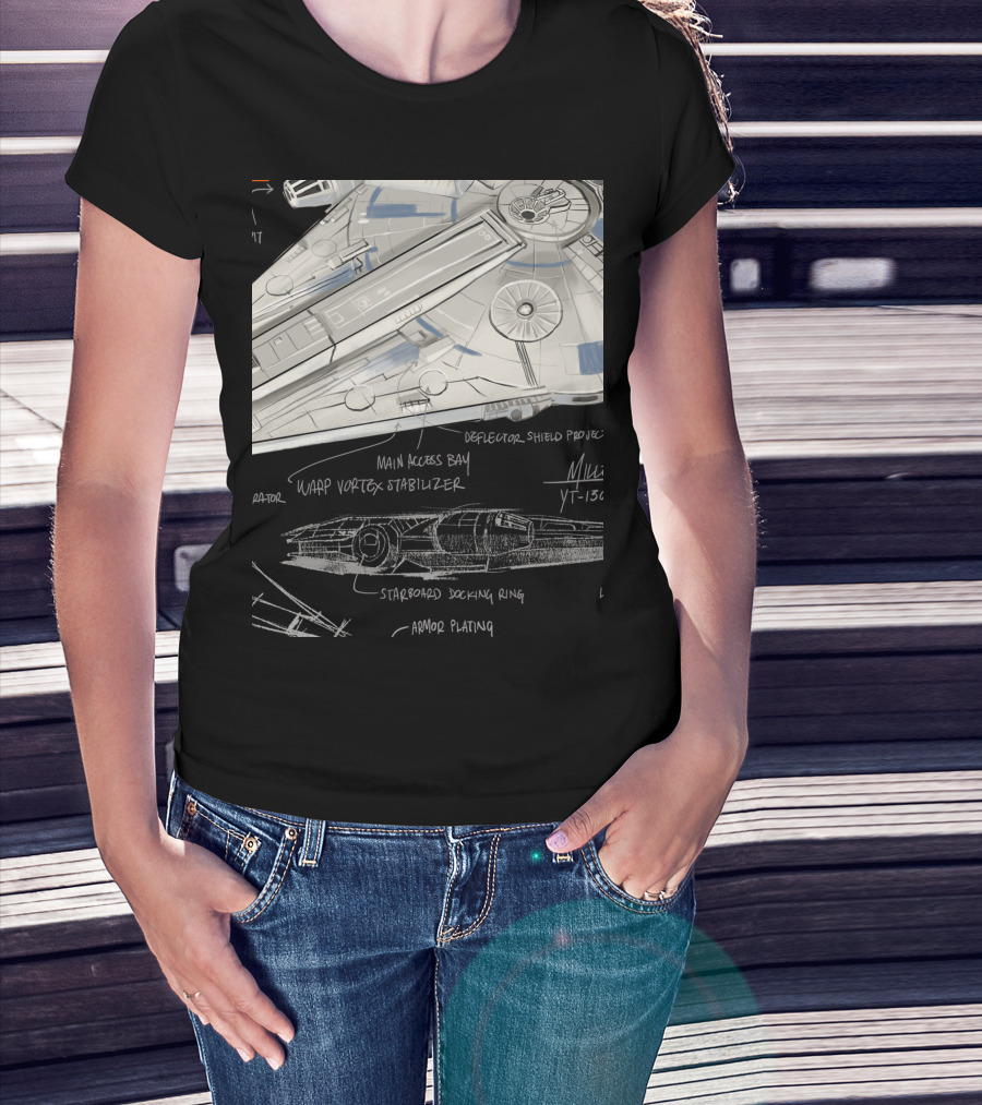 Star Wars Millennium Falcon YT-1300 Schematics Han Solo Main Access Bay Warp Vortex Stabilizer T-Shirt