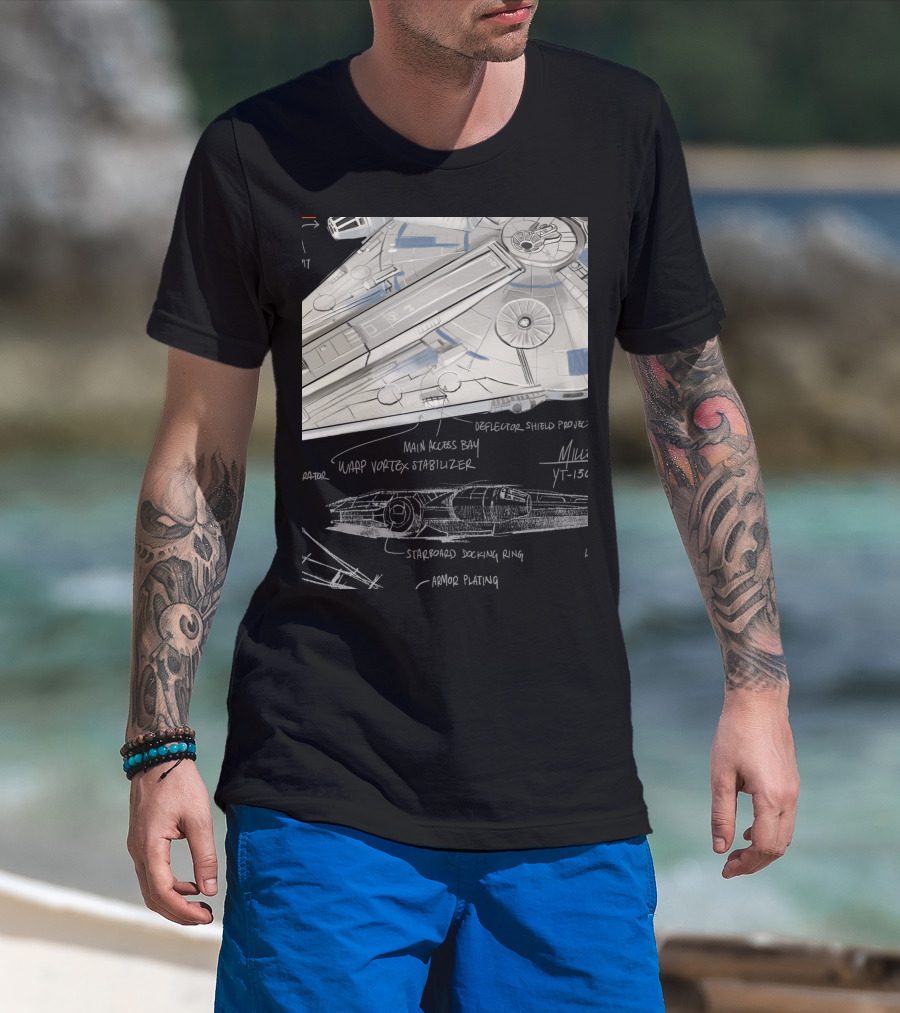 Star Wars Millennium Falcon YT-1300 Schematics Han Solo Main Access Bay Warp Vortex Stabilizer T-Shirt