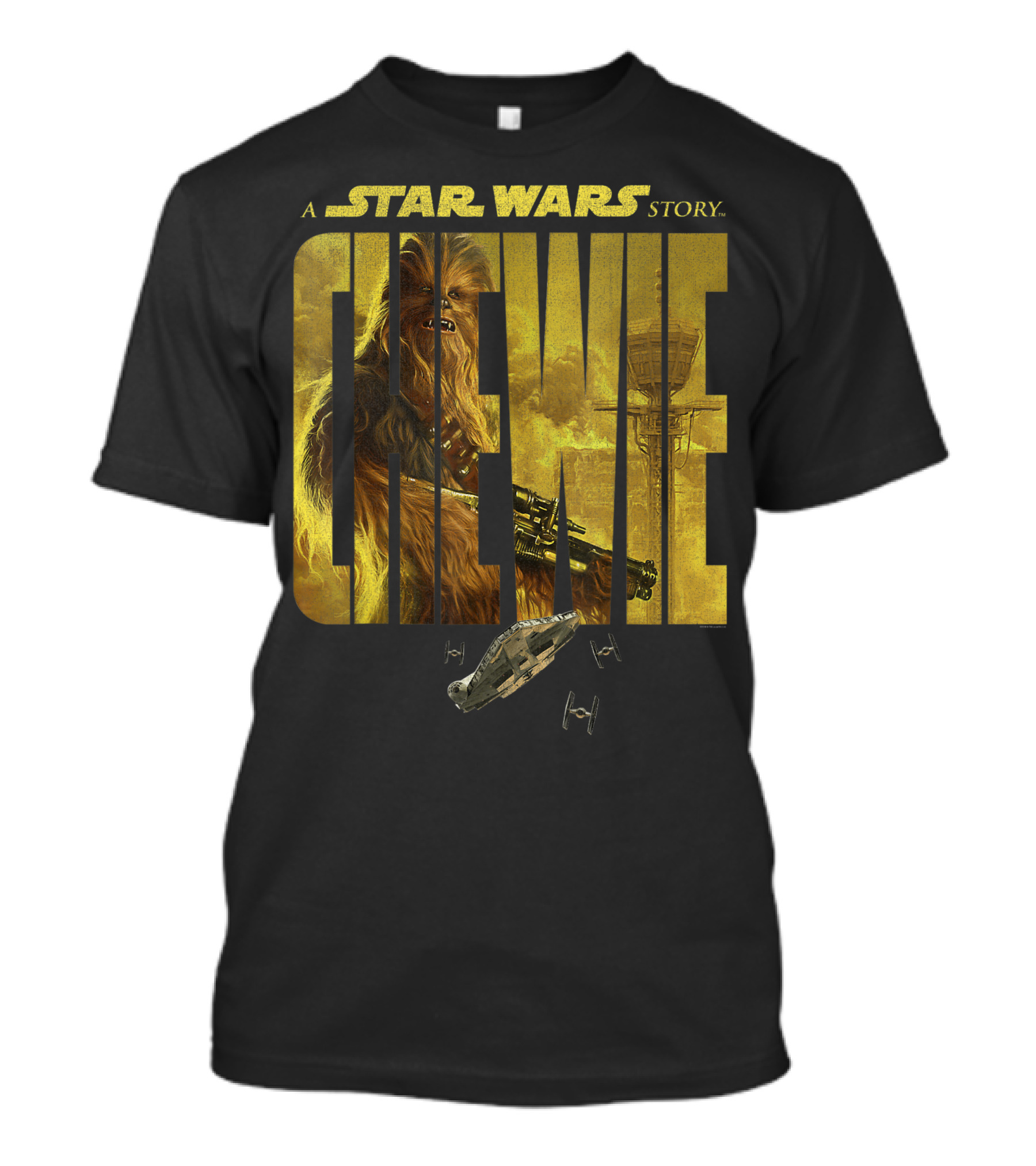 A Star Wars Story Chewie With Millennium Falcon And TIE Fighters T-Shirt