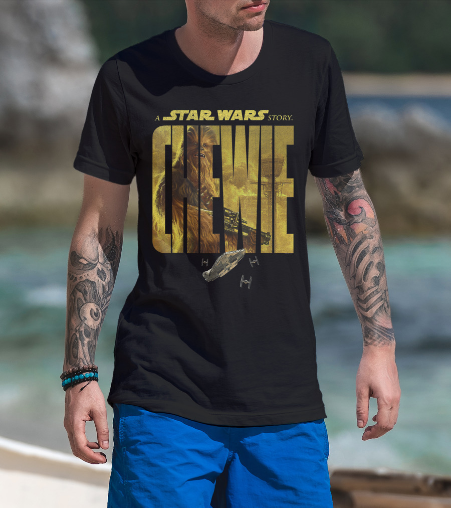 A Star Wars Story Chewie With Millennium Falcon And TIE Fighters T-Shirt