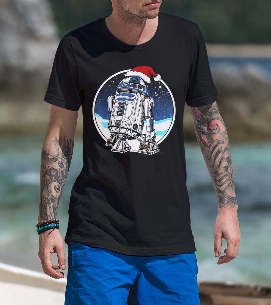 Star Wars Holiday R2 D2 Santa Hat Snow Scene T-Shirt