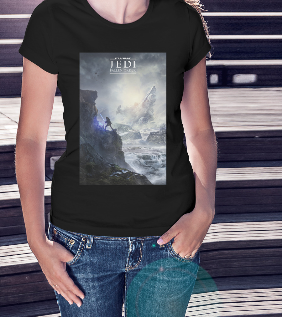 Star Wars Jedi Fallen Order Dramatic Landscape With Lightsaber And Crashed Ship T-Shirt