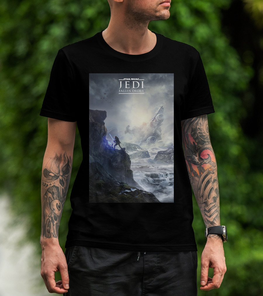 Star Wars Jedi Fallen Order Dramatic Landscape With Lightsaber And Crashed Ship T-Shirt