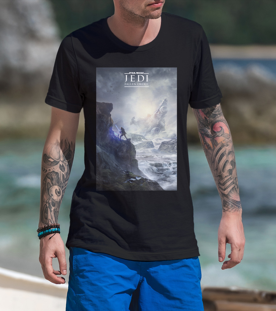 Star Wars Jedi Fallen Order Dramatic Landscape With Lightsaber And Crashed Ship T-Shirt