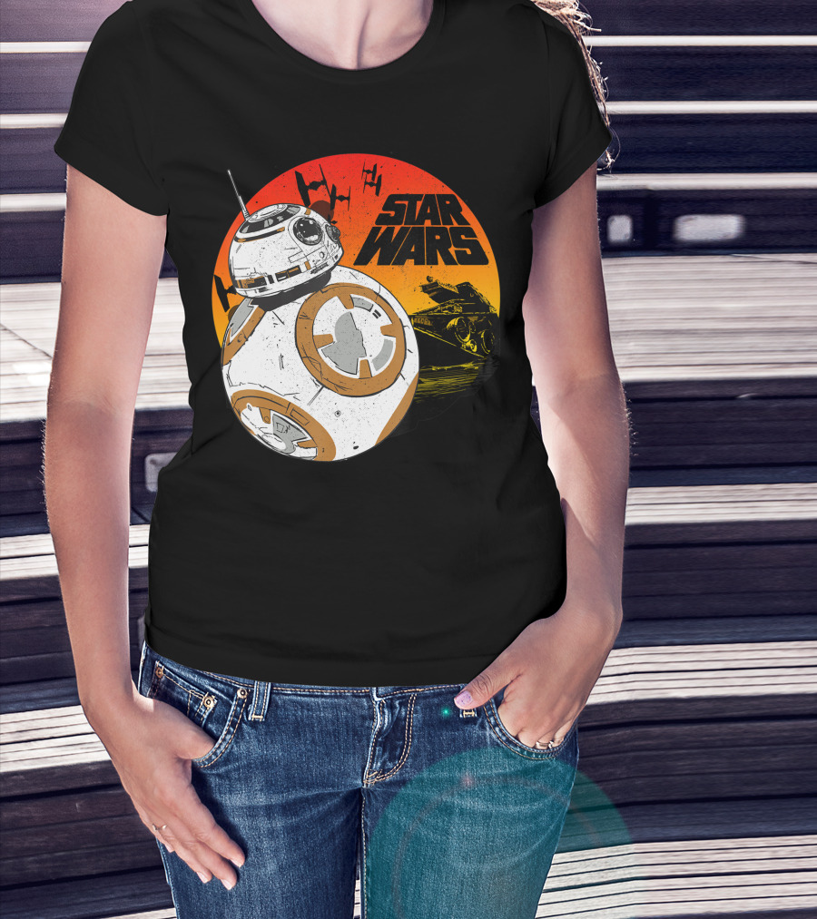 Star Wars BB-8 Last Jedi Sunset Rollabout With TIE Fighters And X-Wing T-Shirt