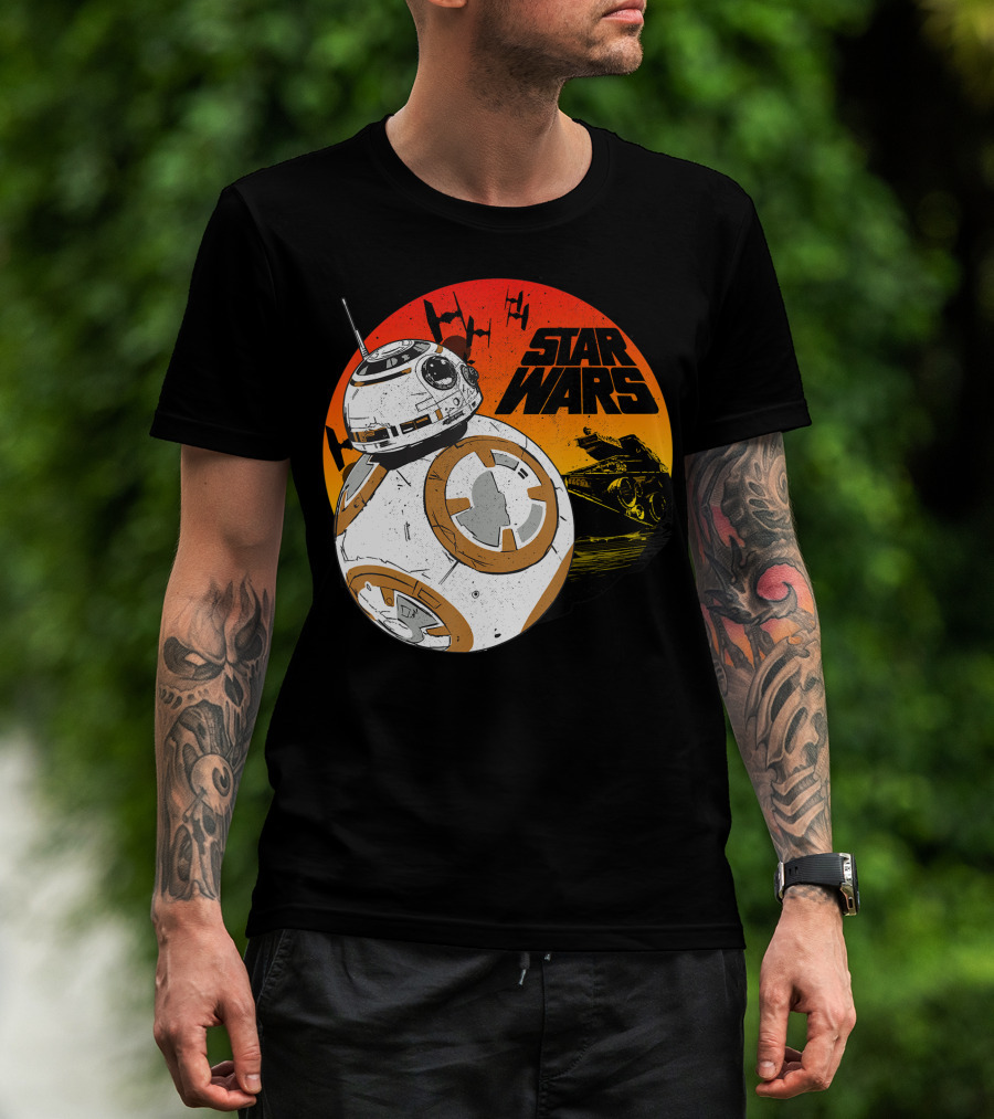 Star Wars BB-8 Last Jedi Sunset Rollabout With TIE Fighters And X-Wing T-Shirt