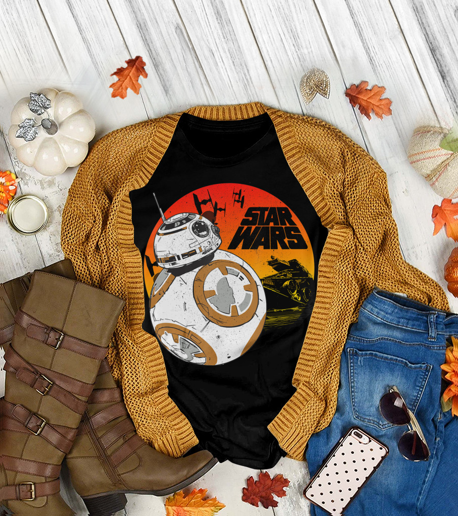 Star Wars BB-8 Last Jedi Sunset Rollabout With TIE Fighters And X-Wing T-Shirt