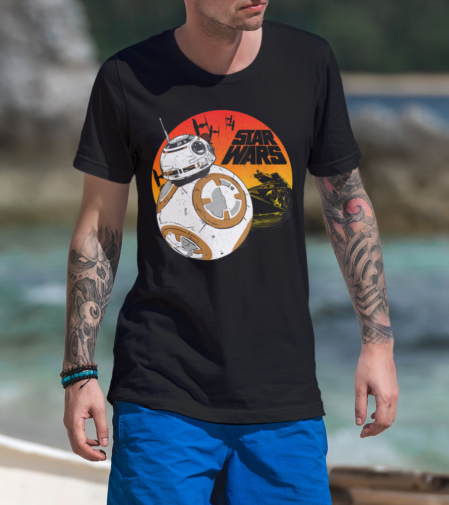 Star Wars BB-8 Last Jedi Sunset Rollabout With TIE Fighters And X-Wing T-Shirt