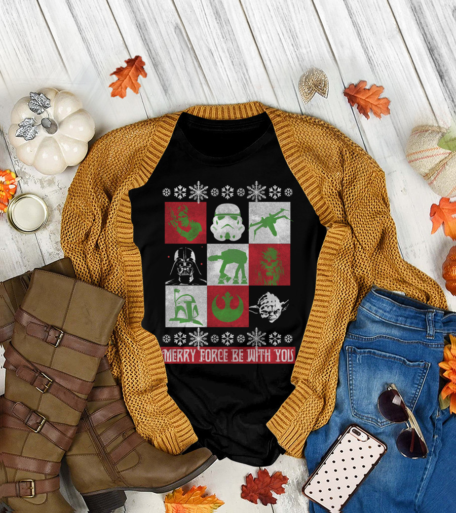 Merry Force Be With You Star Wars Christmas Yoda Vader Chewbacca Stormtrooper Snowflakes T-Shirt