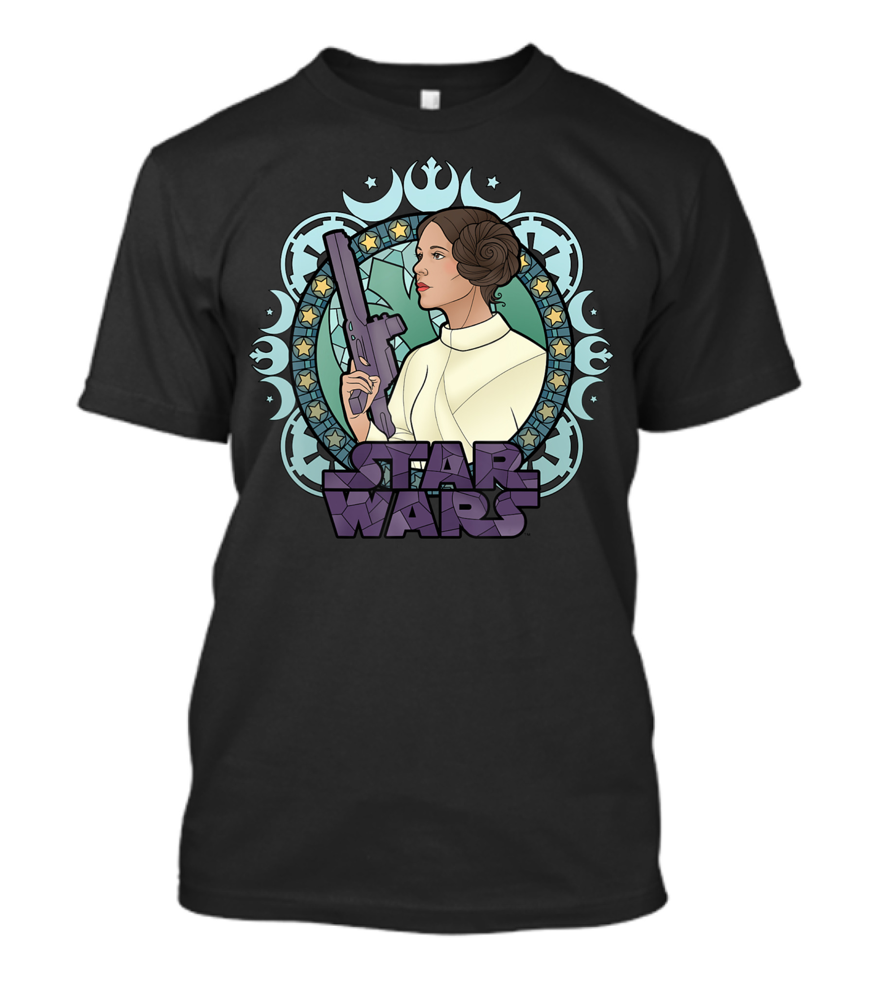 Star Wars Princess Leia Stained Glass Profile With Blaster And Rebel Alliance T-Shirt
